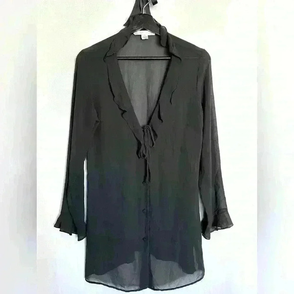 Victoria's Secret Tops - Y2K Victoria’s Secret Sheer Button Down Ruffle Tunic Blouse Black Medium